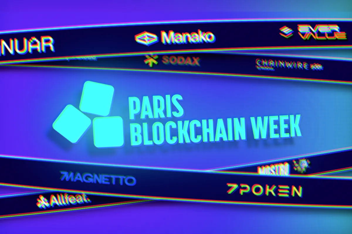 Dynamic digital collage featured banners with brand logos and the Paris Blockchain Week logo at the center.