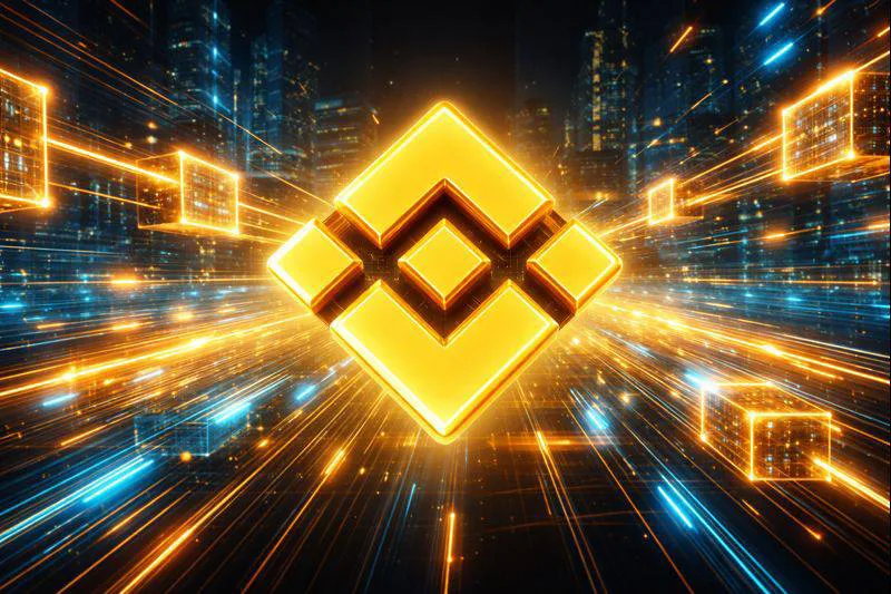 A 3D gold Binance logo centered within a high-speed digital tunnel of blue and orange data blocks