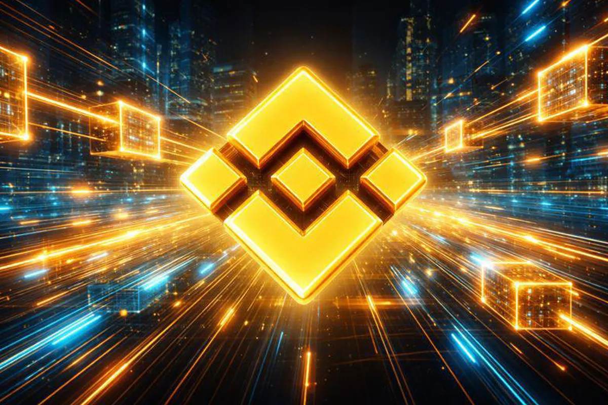 A 3D gold Binance logo centered within a high-speed digital tunnel of blue and orange data blocks