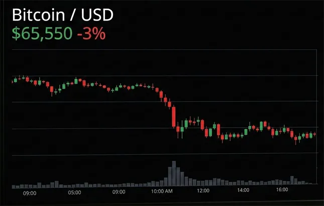 A real-time Bitcoin (BTC/USD) price chart at $65,550 showing a 3% drop with red and green candlesticks and volume bars