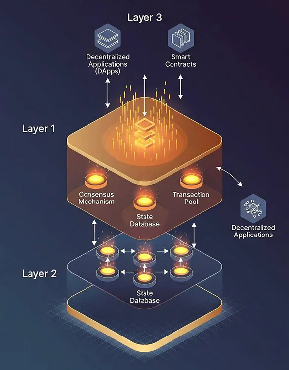 A central glowing dollar sign icon within a complex hexagonal circuit board, connected to surrounding currency nodes by neon purple and blue light trails