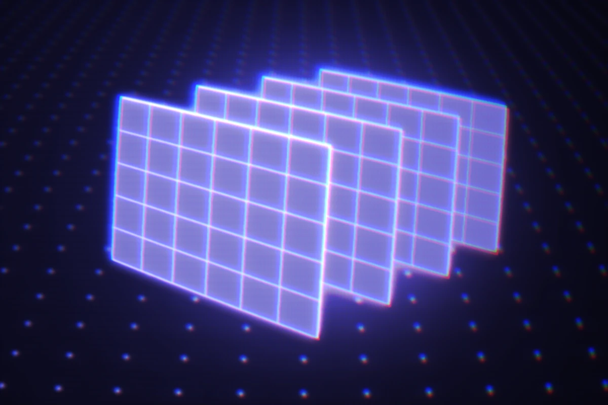 Four glowing purple grid panels stacked in a row, floating over a dark surface dotted with small blue light points.