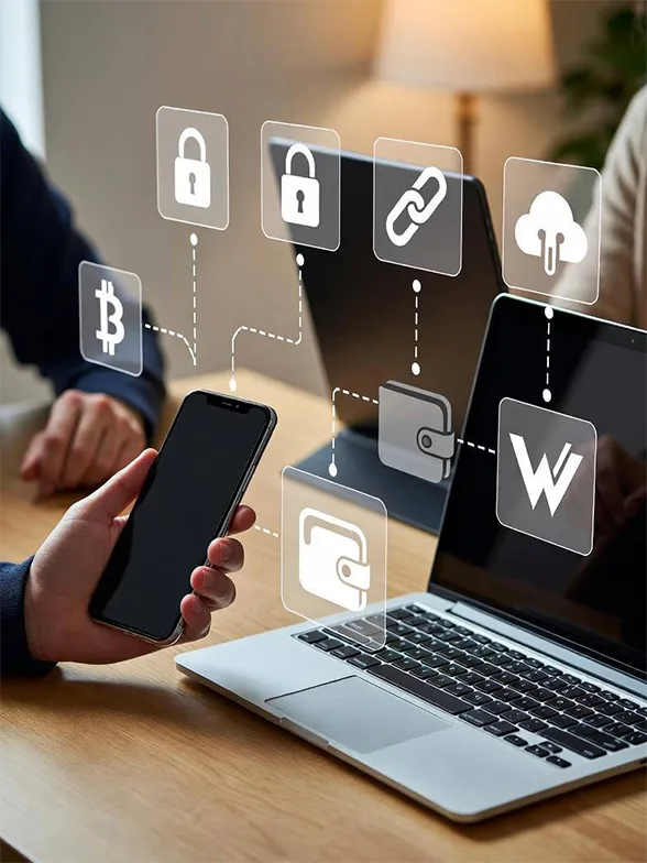 A central glowing dollar sign icon within a complex hexagonal circuit board, connected to surrounding currency nodes by neon purple and blue light trails