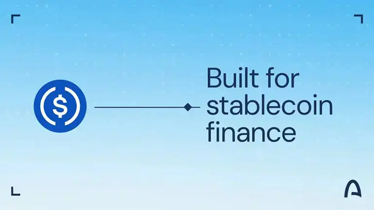 Graphic featuring the USDC logo connected to the tagline "Built for stablecoin finance" with the Arc logo in the bottom right corner.