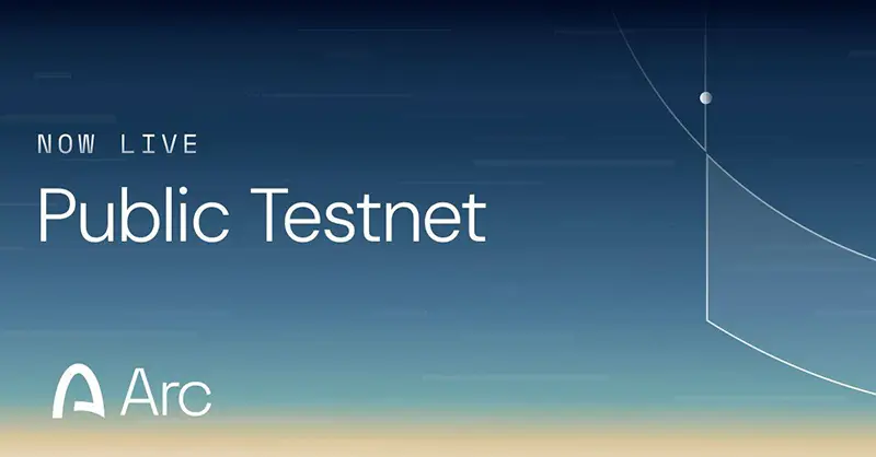 Banner for Circle's Arc blockchain featuring the text "NOW LIVE Public Testnet" alongside the Arc logo on a gradient blue background.