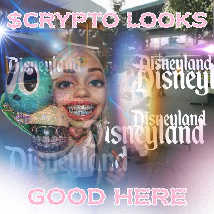 Y2K aesthetic collage with "$CRYPTO LOOKS GOOD HERE" text, Disneyland logos, and a stylized portrait