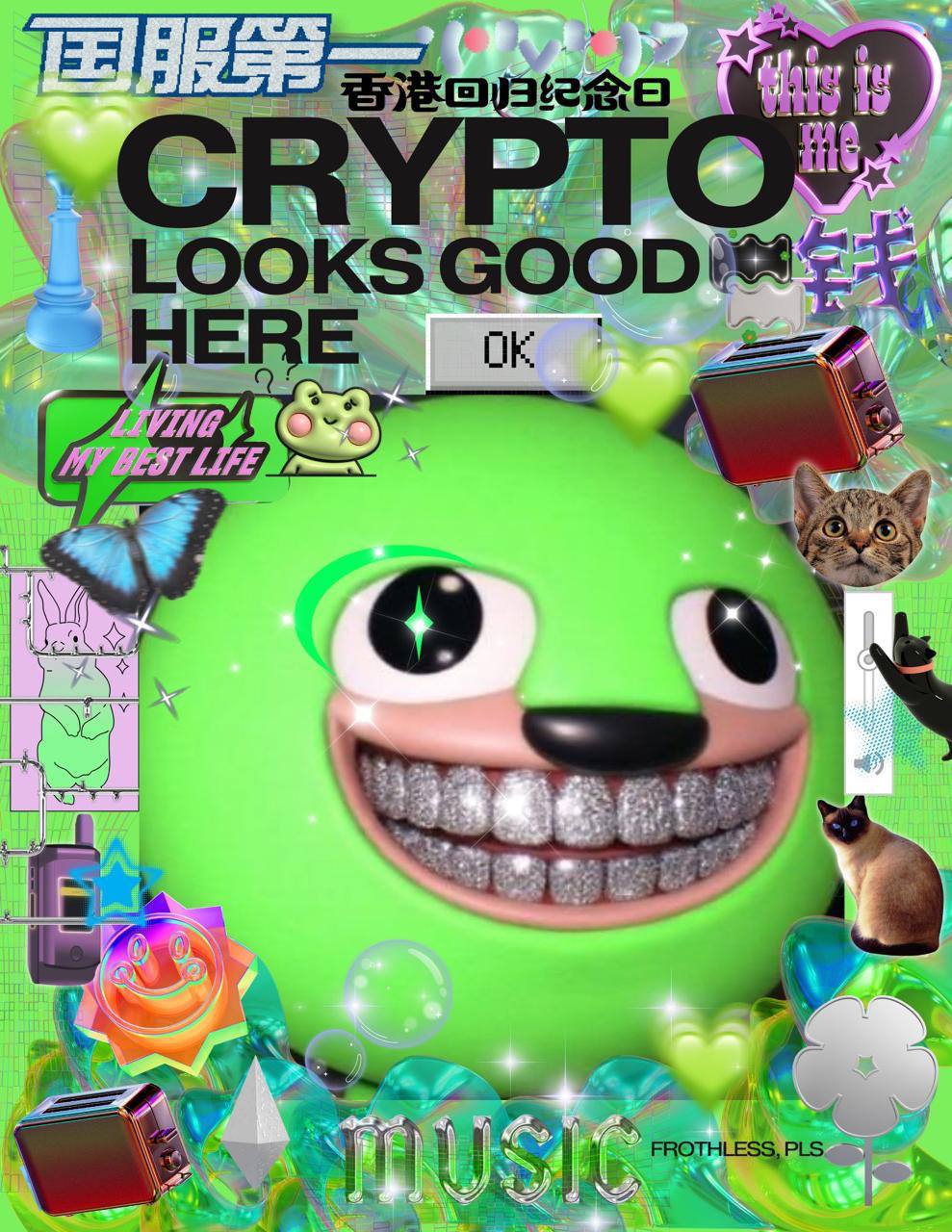 Neon green Y2K aesthetic collage for $CRYPTO featuring a character with a wide diamond-grill smile, butterflies, and cats