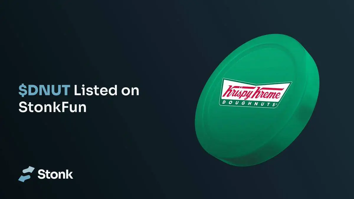 Promotional banner announcing the listing of $DNUT on StonkFun, featuring a 3D green token with the Krispy Kreme Doughnuts logo.