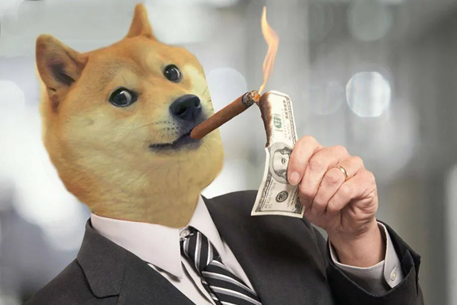 Doge wearing a business suit and striped tie. The character is smoking a cigar which is being lit by a burning hundred-dollar bill held by a hand with a gold wedding ring.