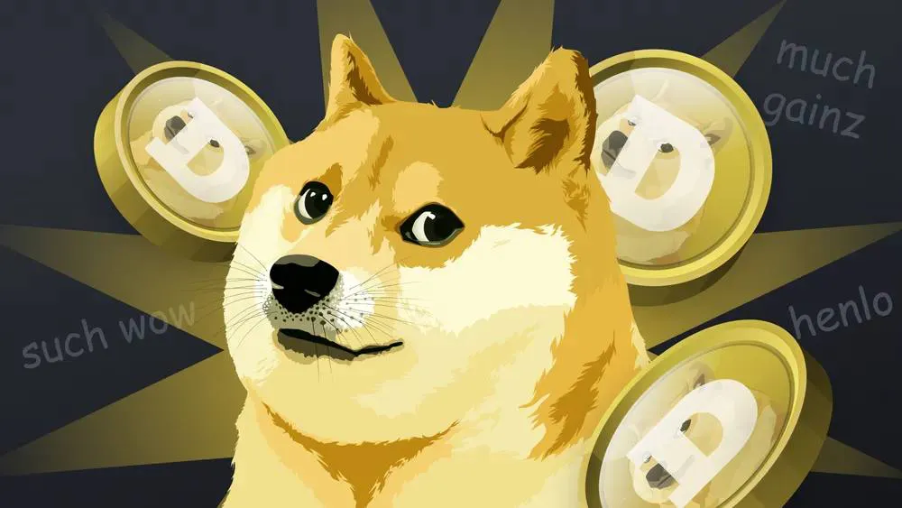 illustration of the Doge mascot surrounded by three golden coins with the letter "D" on them, featuring classic meme phrases like, much gainz