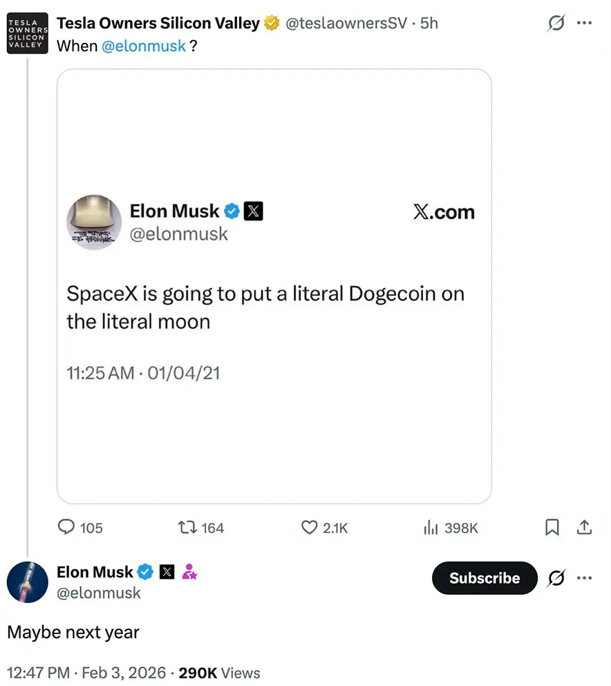An X post from "Tesla Owners Silicon Valley" asking "@elonmusk When?" above Musk's 2021 tweet about putting Dogecoin on the moon, with a new reply from Musk.
