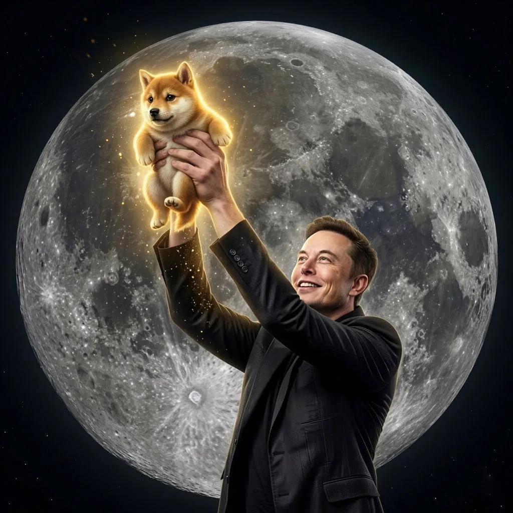 An illustration of Elon Musk in a black suit holding up a glowing Shiba Inu puppy toward the sky, set against a massive, detailed full moon in the background.