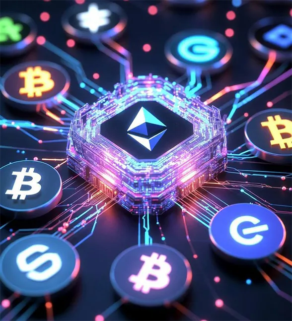 A central glowing dollar sign icon within a complex hexagonal circuit board, connected to surrounding currency nodes by neon purple and blue light trails