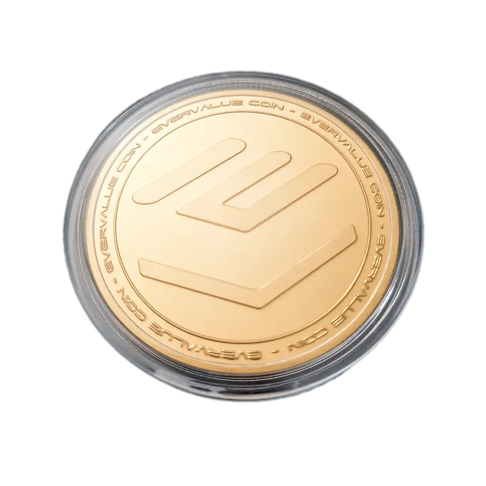 Gold-toned physical EverValue coin in a protective plastic capsule, featuring the project logo and "EVERVALUE COIN" inscription.