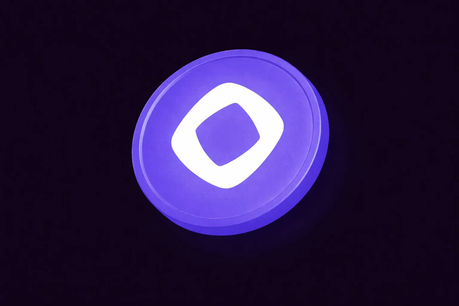 3D render of a purple Monad network token icon on a dark background