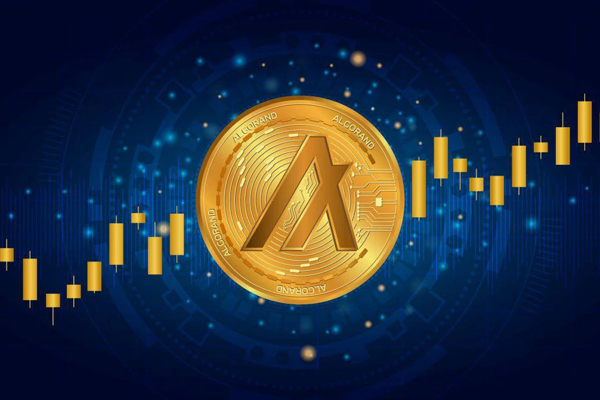 Algorand cryptocurrency coin with ascending candlestick chart.
