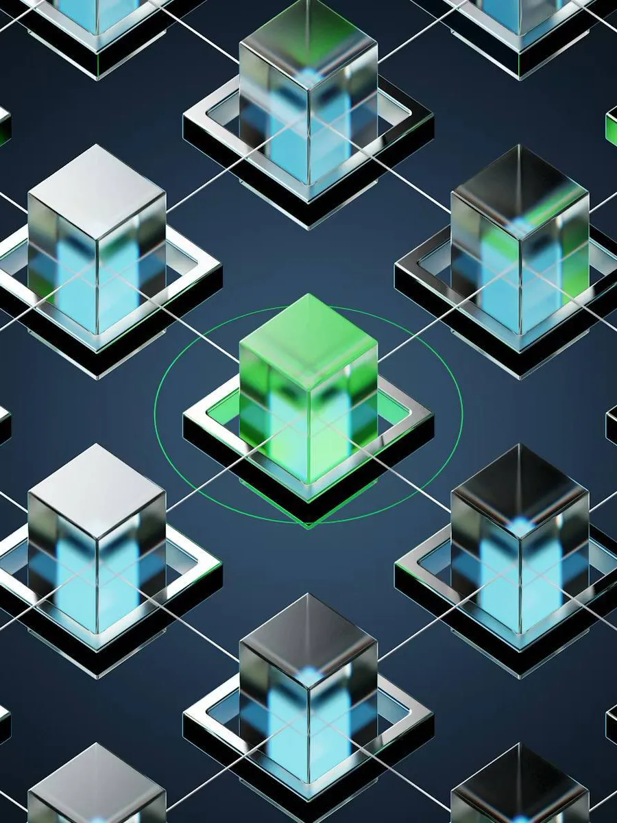 An isometric grid of glass cubes with glowing blue and green centers, connected by a network of thin white lines