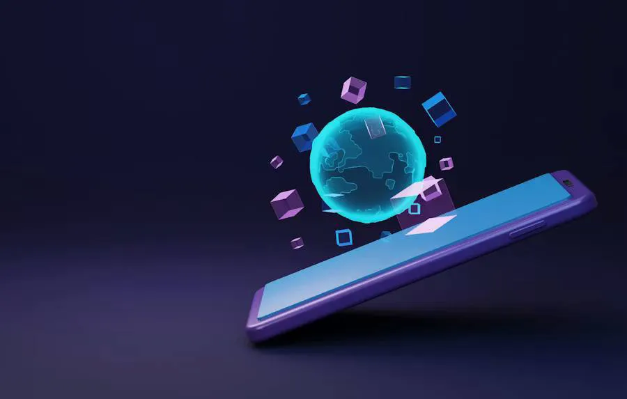 A 3D isometric purple smartphone with a glowing blue digital globe and floating data cubes hovering above the screen