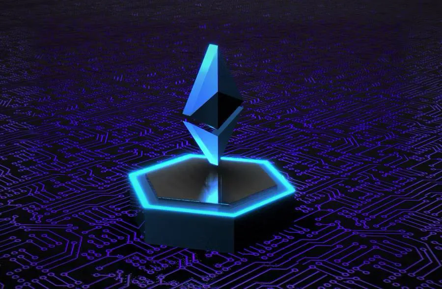 A glowing blue 3D Ethereum logo standing on a lighted hexagonal pedestal over a dark purple circuit board background