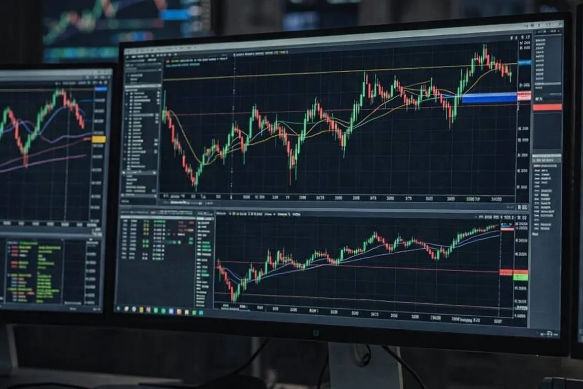 Multi-monitor trading setup displaying advanced candlestick charts and technical analysis tools for cryptocurrency markets
