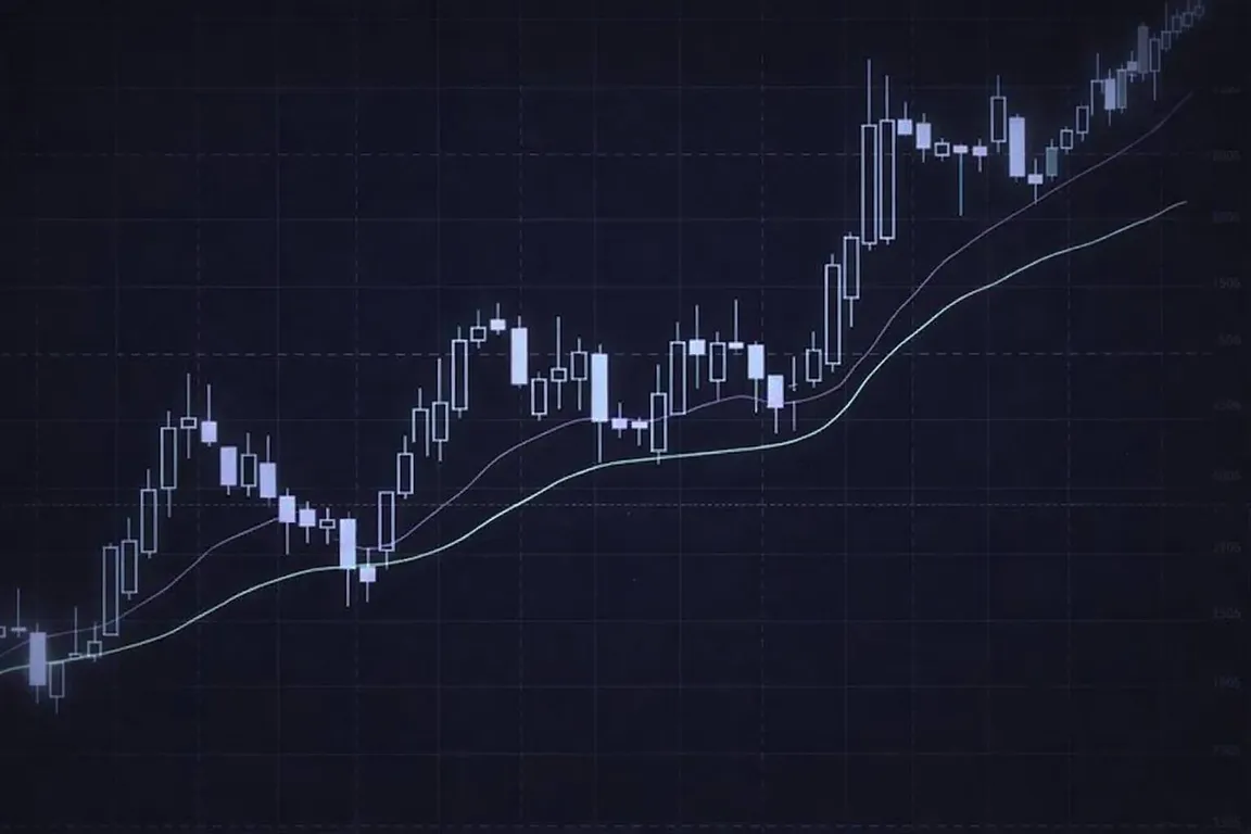 Detailed cryptocurrency candlestick chart showing price action trends with moving average indicators on a dark grid