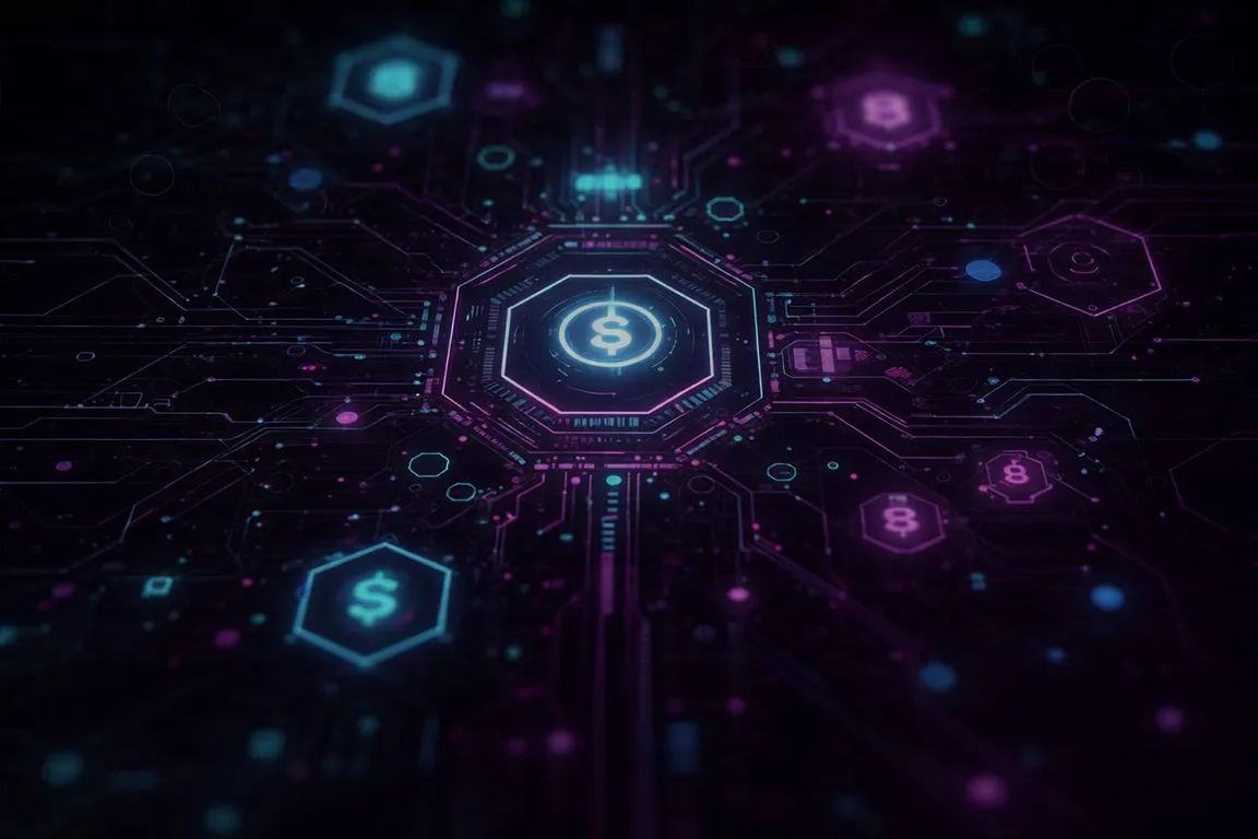 A central glowing dollar sign icon within a complex hexagonal circuit board, connected to surrounding currency nodes by neon purple and blue light trails