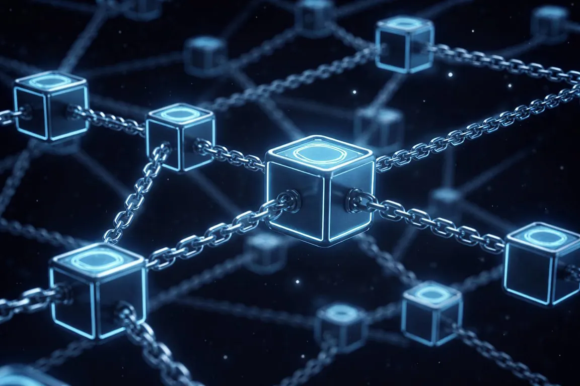 3D glowing blue digital blocks interconnected by heavy metallic chains representing a secure blockchain network