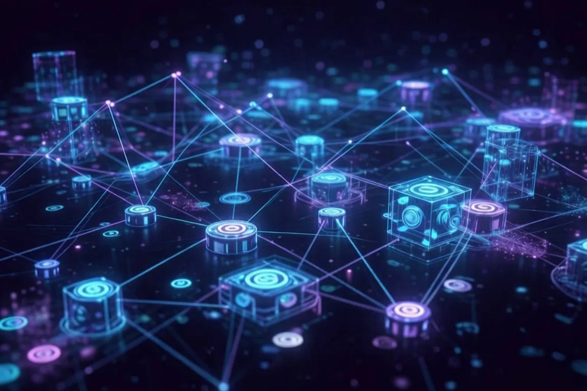 High-tech visualization of glowing blue and purple 3D data nodes interconnected by a complex web of digital light trails