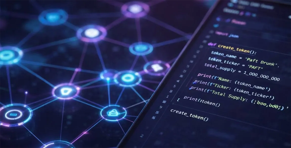 A split-screen visual showing Python code for a "create_token" function next to a glowing decentralized network of nodes and connections with $PAFT ticker