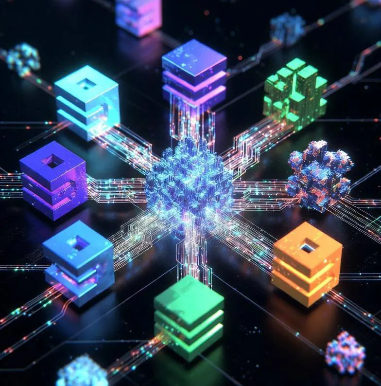 A central glowing dollar sign icon within a complex hexagonal circuit board, connected to surrounding currency nodes by neon purple and blue light trails