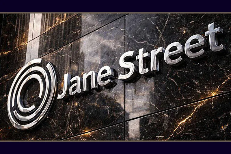 The Jane Street corporate logo in silver 3D lettering mounted on a luxury black marble wall.