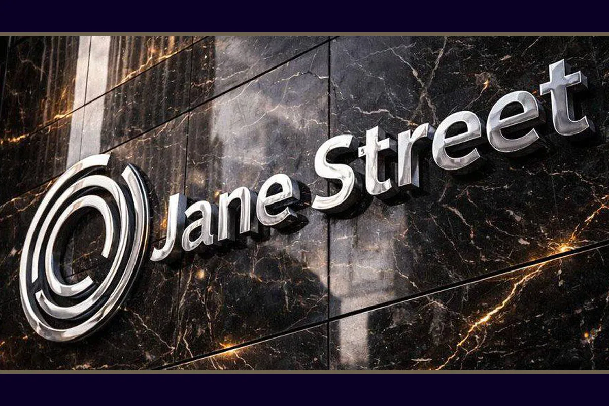 The Jane Street corporate logo in silver 3D lettering mounted on a luxury black marble wall.