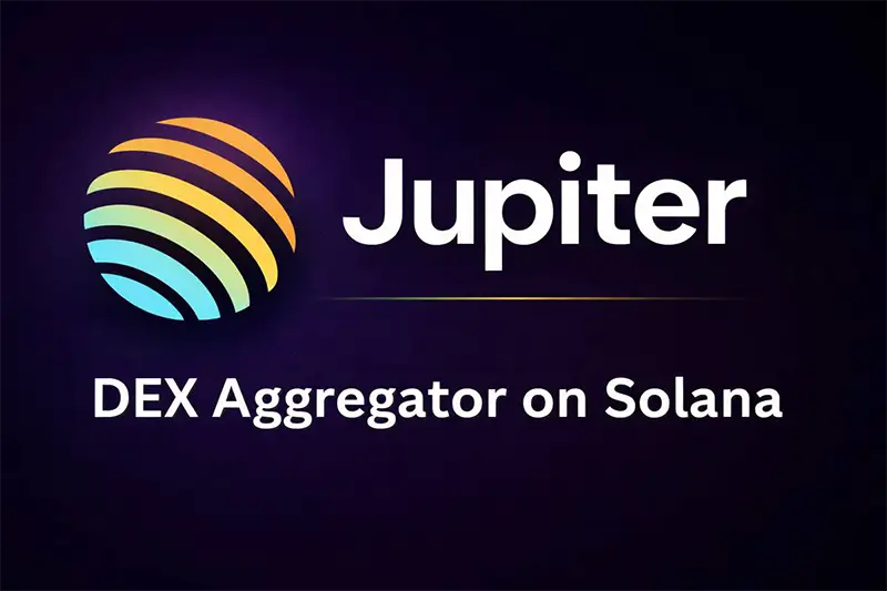 Official Jupiter logo with planet icon and "DEX Aggregator on Solana" text on a dark purple background.
