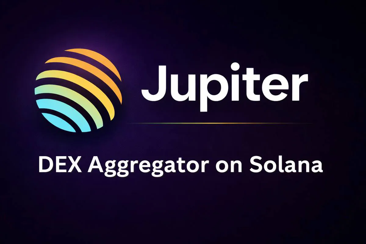 Official Jupiter logo with planet icon and "DEX Aggregator on Solana" text on a dark purple background.
