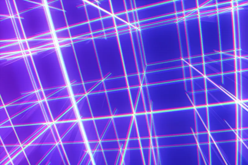 Abstract laser grid with neon blue, purple and pink beams crossing each other, illustrating blockchain network security and transaction verification.