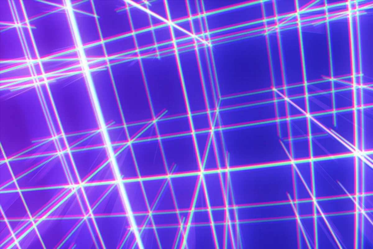 Abstract laser grid with neon blue, purple and pink beams crossing each other, illustrating blockchain network security and transaction verification.