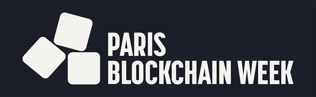 The official logo for Paris Blockchain Week featuring three white rounded square icons stacked diagonally to the left of the stacked white text "PARIS BLOCKCHAIN WEEK". The entire logo is set against a solid black background.