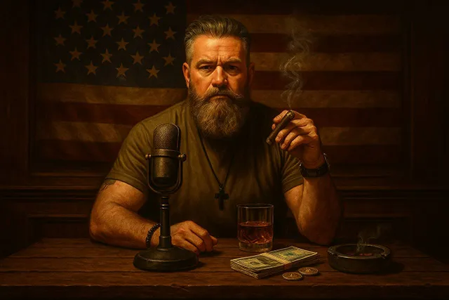 A bearded man in a green shirt smoking a cigar at a desk with a vintage microphone, a glass of whiskey, and stacks of cash, with an American flag in the background
