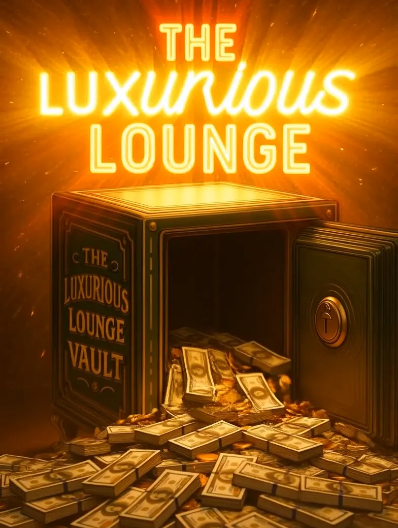 An open vintage safe labeled "The Luxurious Lounge Vault" with stacks of hundred-dollar bills spilling out, set against a glowing golden background