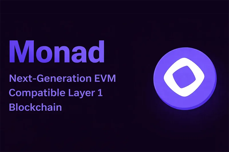 Monad blockchain logo and purple branding with the text "Monad: Next-Generation EVM Compatible Layer 1 Blockchain