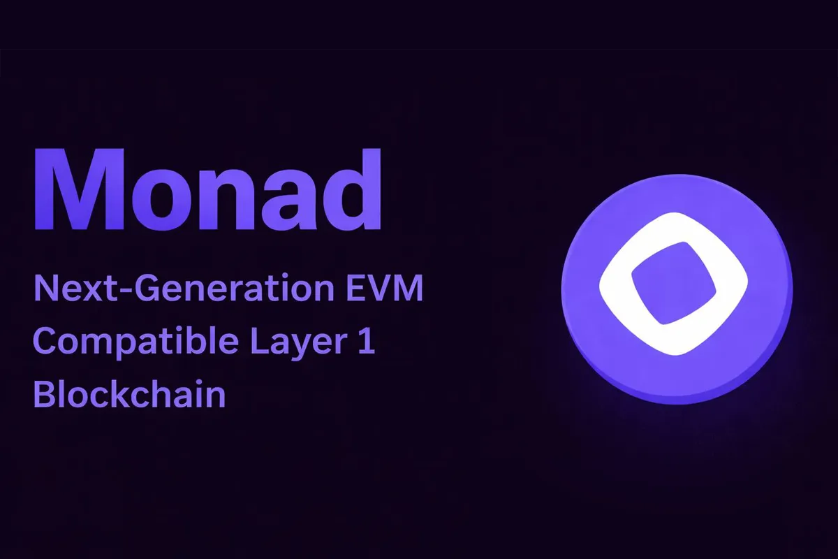 Monad blockchain logo and purple branding with the text "Monad: Next-Generation EVM Compatible Layer 1 Blockchain