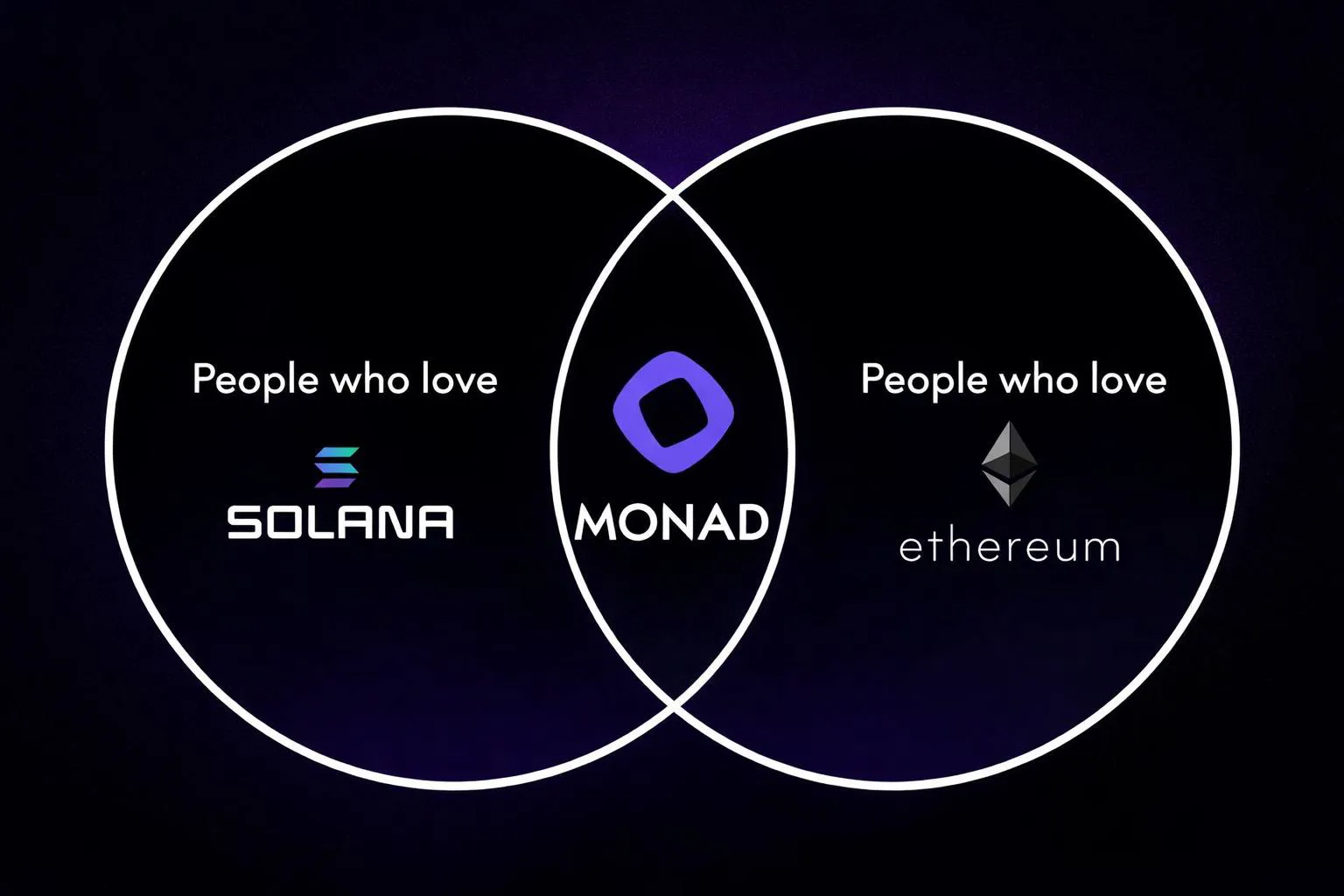 Venn diagram showing Monad at the intersection of Solana and Ethereum fans, highlighting its cross-chain appeal.