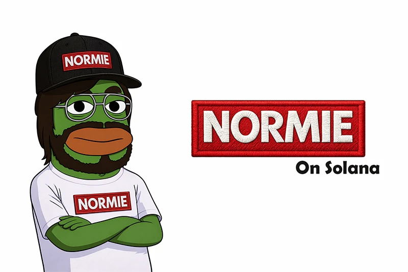illustration of "Normie," a green frog with a beard, thick-rimmed glasses, and a red "NORMIE" cap, positioned next to the "NORMIE on Solana" logo