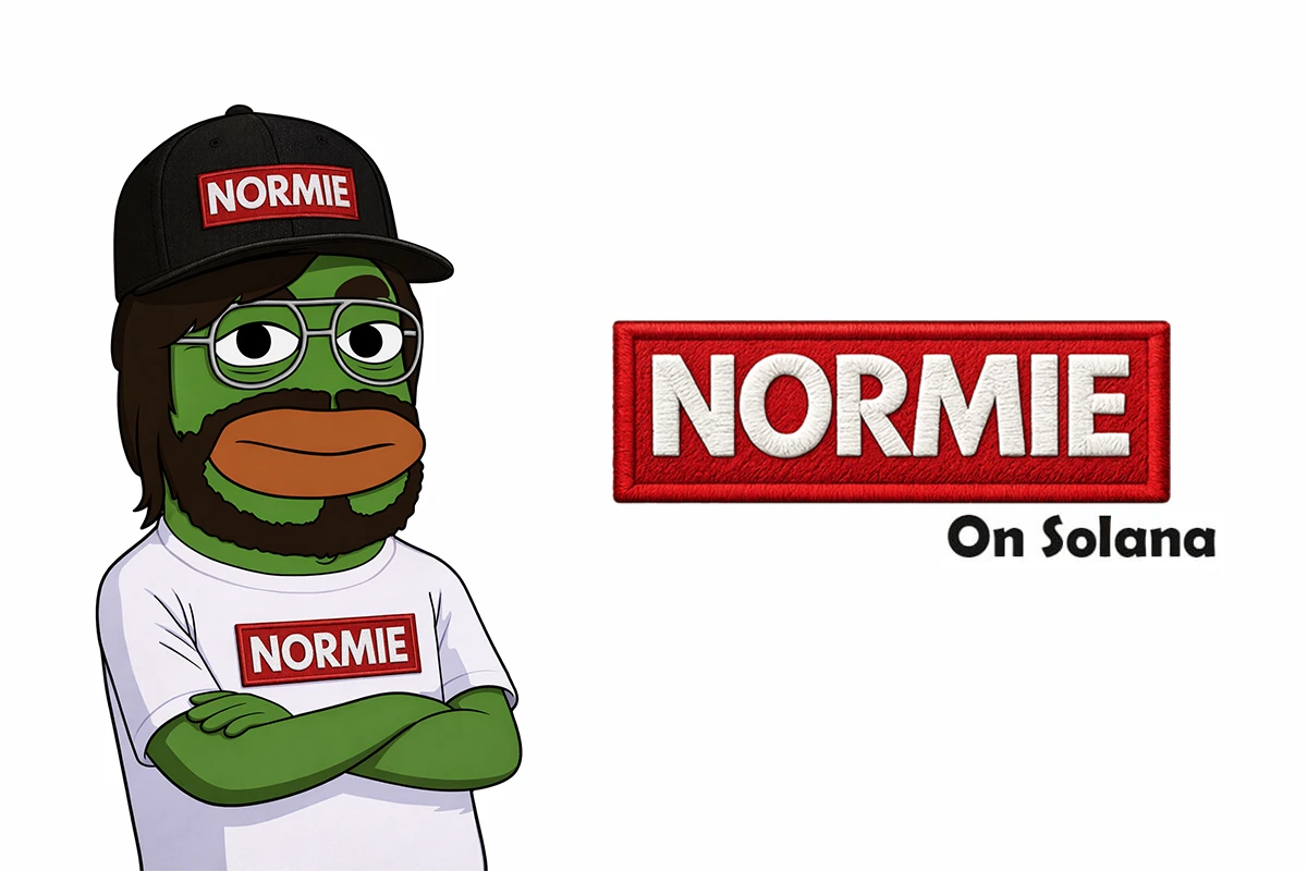 illustration of "Normie," a green frog with a beard, thick-rimmed glasses, and a red "NORMIE" cap, positioned next to the "NORMIE on Solana" logo