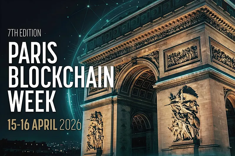 An official announcement graphic for "PARIS BLOCKCHAIN WEEK". The background shows the Arc de Triomphe monument at night, with white text overlay: "7TH EDITION", "PARIS BLOCKCHAIN WEEK", and "15-16 APRIL 2026". A glowing teal digital network pattern highlights the monument's curves.
