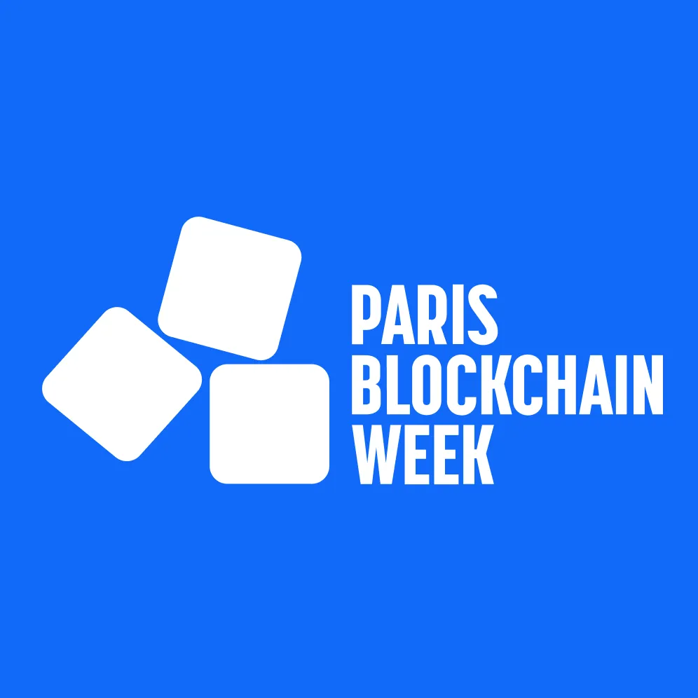 The official logo for Paris Blockchain Week featuring three white rounded square icons stacked diagonally to the left of the stacked white text "PARIS BLOCKCHAIN WEEK". The entire logo is set against a solid bright blue background.