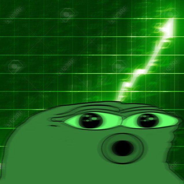 Shocked Pepe the Frog face in front of a vertical green bullish price arrow on a trading grid for $PEPE