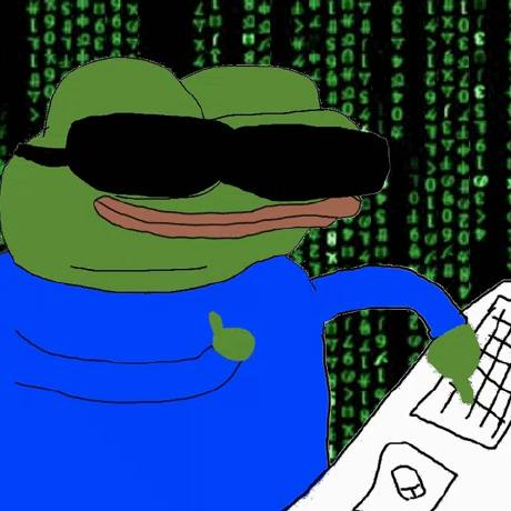 Pepe the Frog hacker with sunglasses and Matrix code background