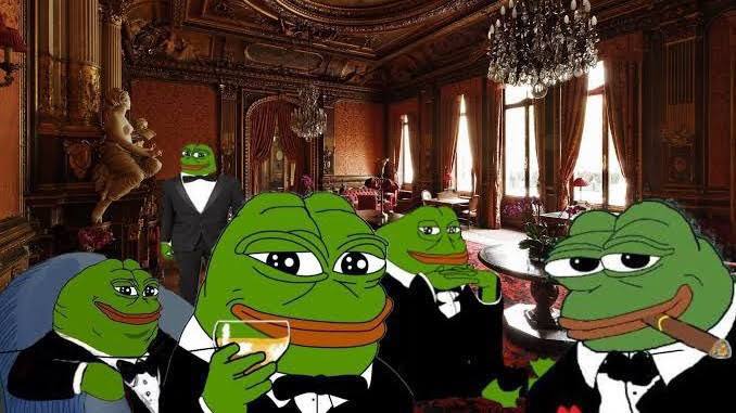 Group of Pepe the Frog characters in a luxury mansion representing the $PEPE elite community