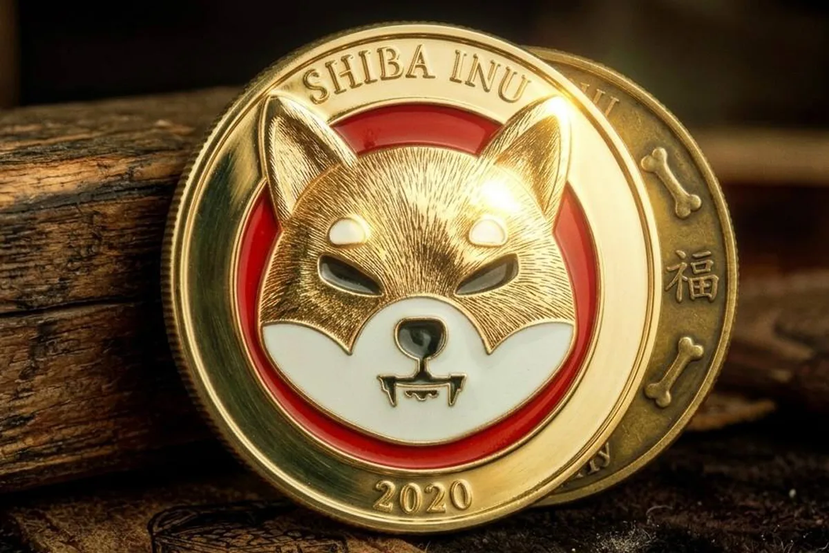 A gold physical coin featuring the Shiba Inu logo in the center on a red circular background. The words "SHIBA INU" are engraved at the top of the coin, and "2020" is engraved at the bottom. Another bronze-colored coin with a bone symbol and Asian characters is visible behind it, resting on a textured wooden surface.